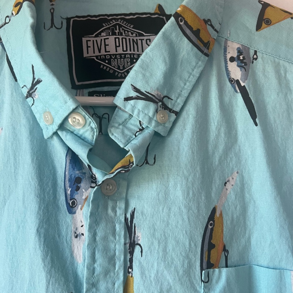 Fish Shirt by Five Points NY Men's Short Sleeve Camping Beach Outfit Size L Blue